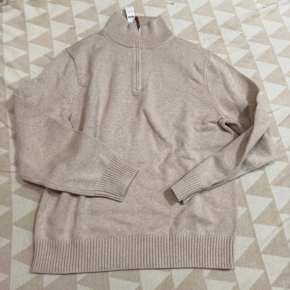 J crew heather sand Heritage cotton half-zip sweater